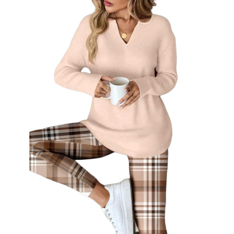 Damen-Set aus Strickoberteil und karierten Leggings