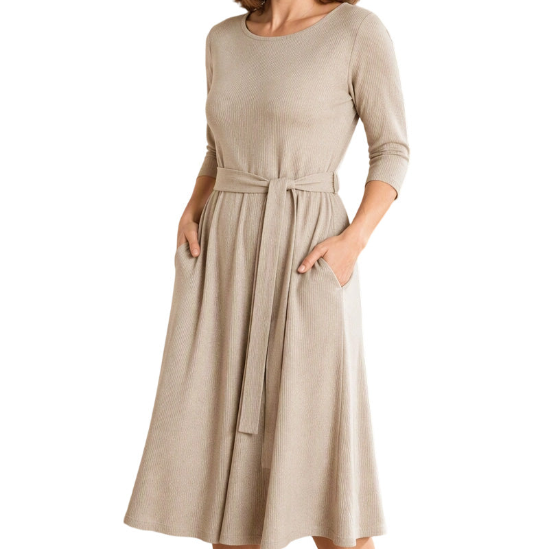 🔥Beliebtes Produkt !✨Geripptes A-Linie-Midikleid für Damen mit Rundhalsausschnitt, 3/4-Ärmeln und Taschen