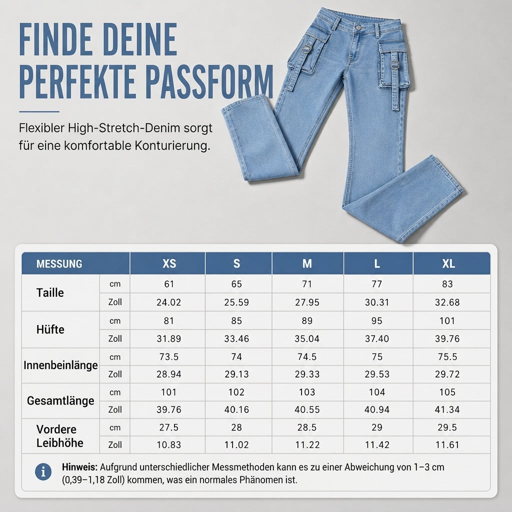 🔥Beliebtes Produkt !✨Hochelastische, taillierte Cargo-Schlagjeans für Damen mit Pattenentaschen