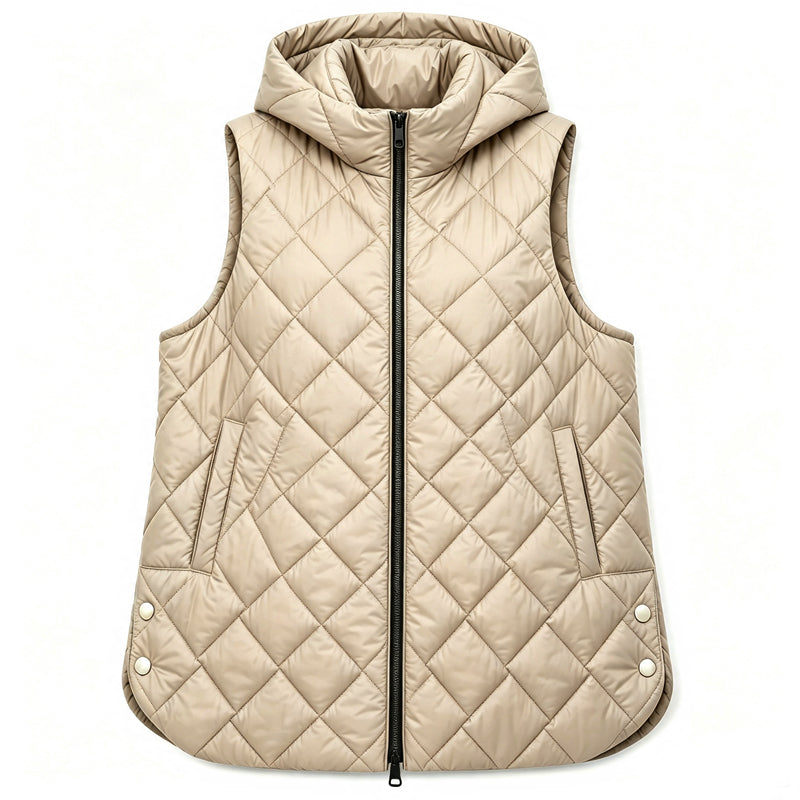 Gepolsterte ärmellose Kapuzenjacke für Damen, mittlere Länge, Freizeitstil
