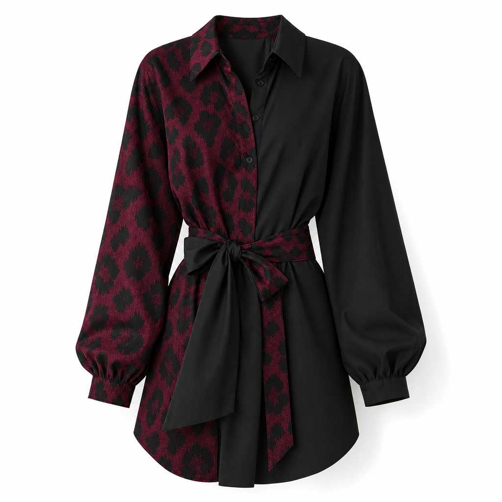 📢📢50%Rabatt!!!🎉✨Damen Leopardenmuster Kontrast-Patchwork Langarmhemd Minikleid mit Gürtel