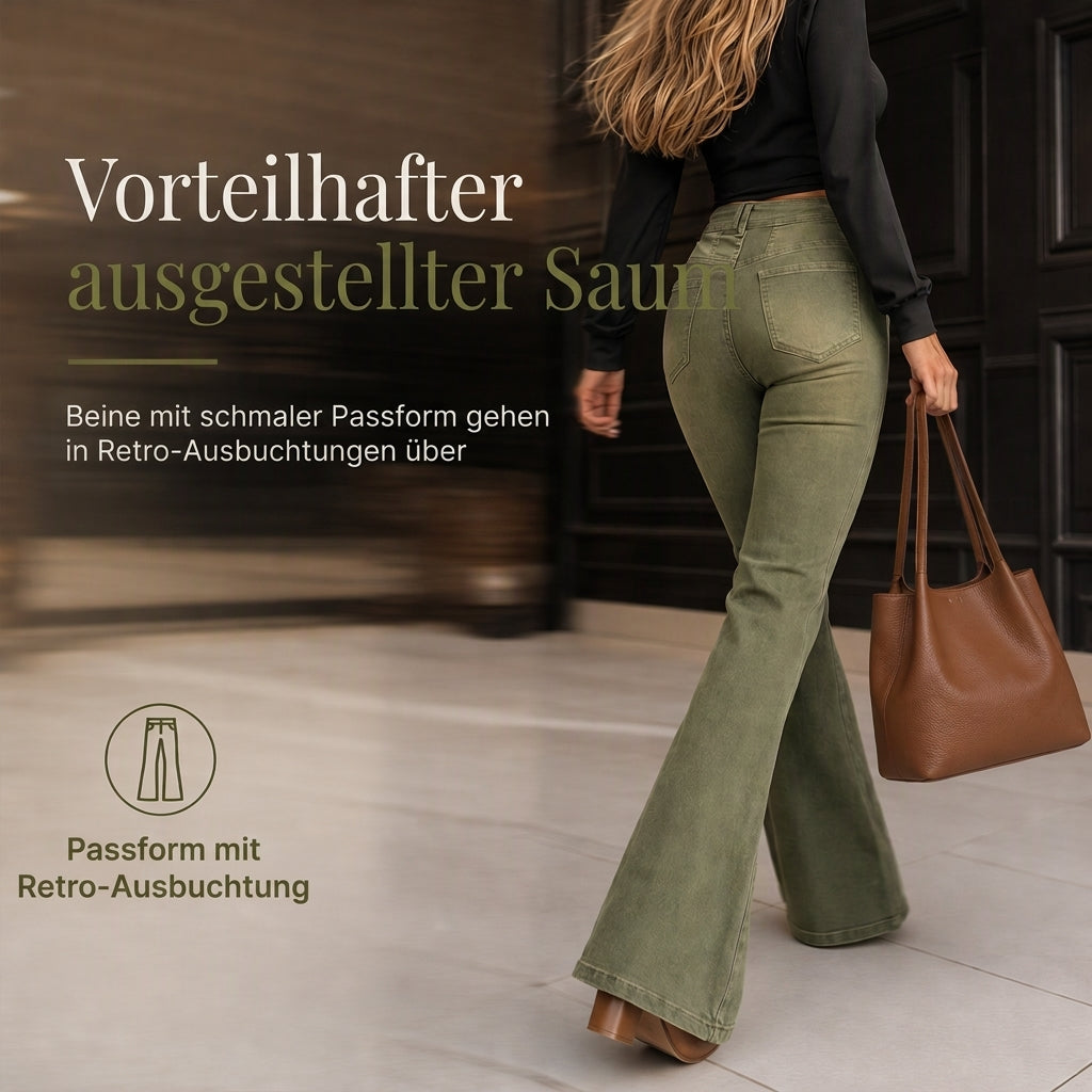 📢📢50%Rabatt!!!🎉✨Olivgrüne High-Waist Schlaghose Jeans für Damen mit mehreren Knöpfen und vertikalen Frontnähten