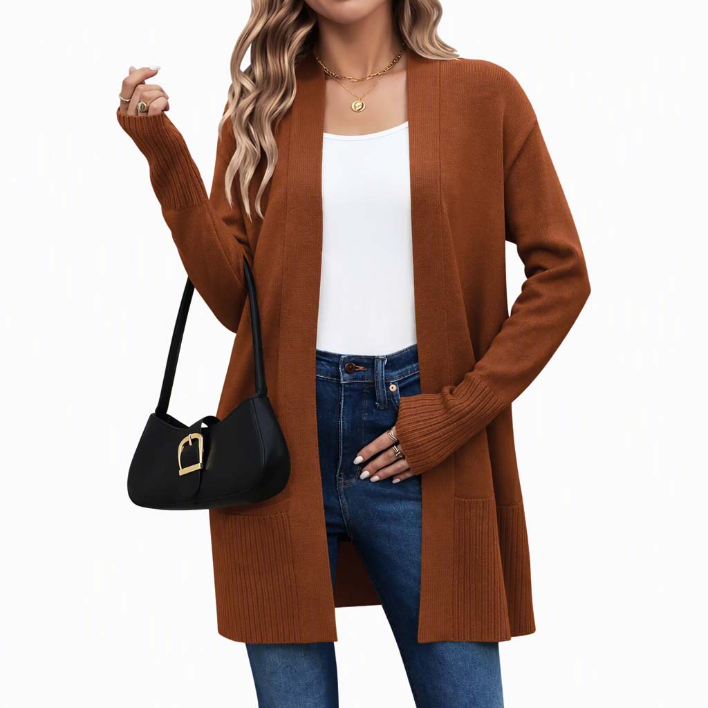 📢🎉50%Rabatt!!!🛍️✨Strickjacke für Damen, mittellang, offener Vorderschnitt, mit gerippten Bündchen