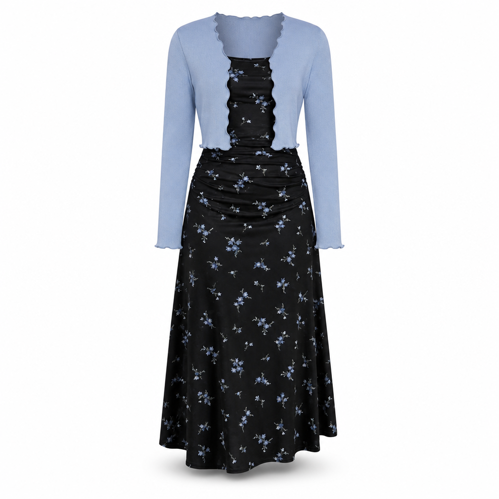 📢🎉50%Rabatt!!!🛍️✨2-teiliges Set: Damen Vintage-Blumen-Trägerkleid und kurz geschnittene Rippstrick-Strickjacke
