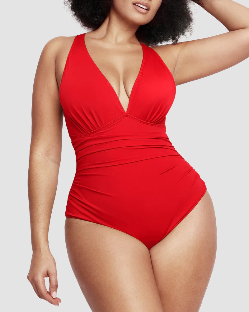 Sexy Damen Badeanzug mit Raffung, tiefem V-Ausschnitt und Shaping-Effekt