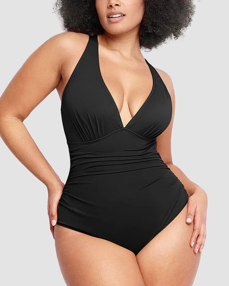 Sexy Damen Badeanzug mit Raffung, tiefem V-Ausschnitt und Shaping-Effekt