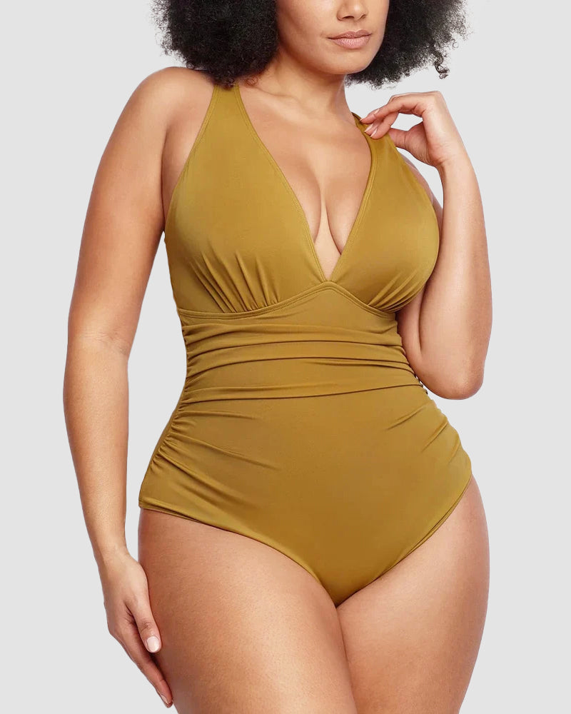 Sexy Damen Badeanzug mit Raffung, tiefem V-Ausschnitt und Shaping-Effekt
