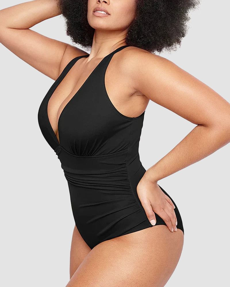 Sexy Damen Badeanzug mit Raffung, tiefem V-Ausschnitt und Shaping-Effekt