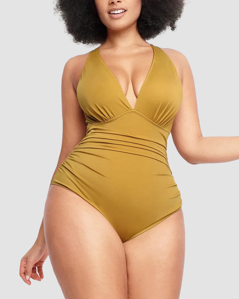 Sexy Damen Badeanzug mit Raffung, tiefem V-Ausschnitt und Shaping-Effekt