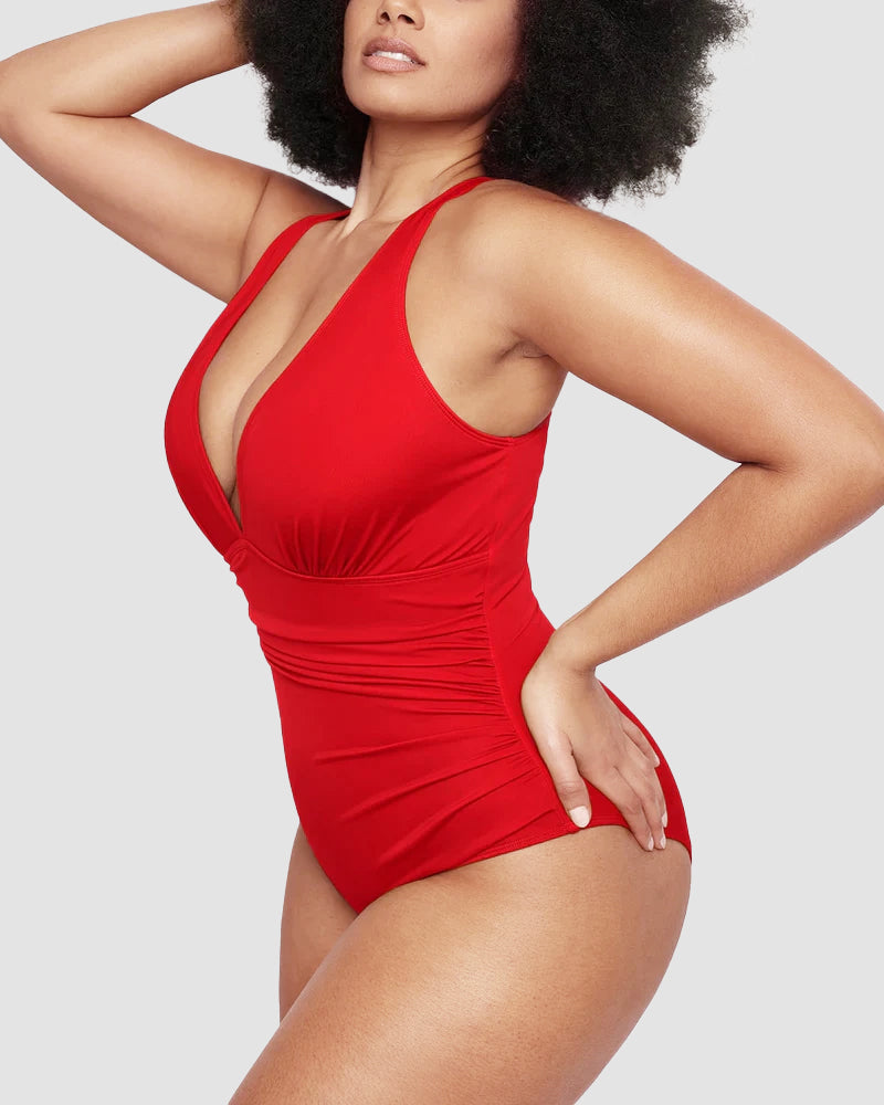 Sexy Damen Badeanzug mit Raffung, tiefem V-Ausschnitt und Shaping-Effekt