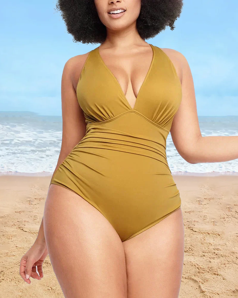 Sexy Damen Badeanzug mit Raffung, tiefem V-Ausschnitt und Shaping-Effekt