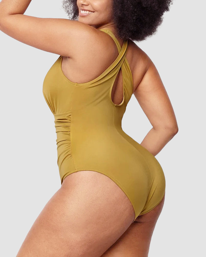 Sexy Damen Badeanzug mit Raffung, tiefem V-Ausschnitt und Shaping-Effekt