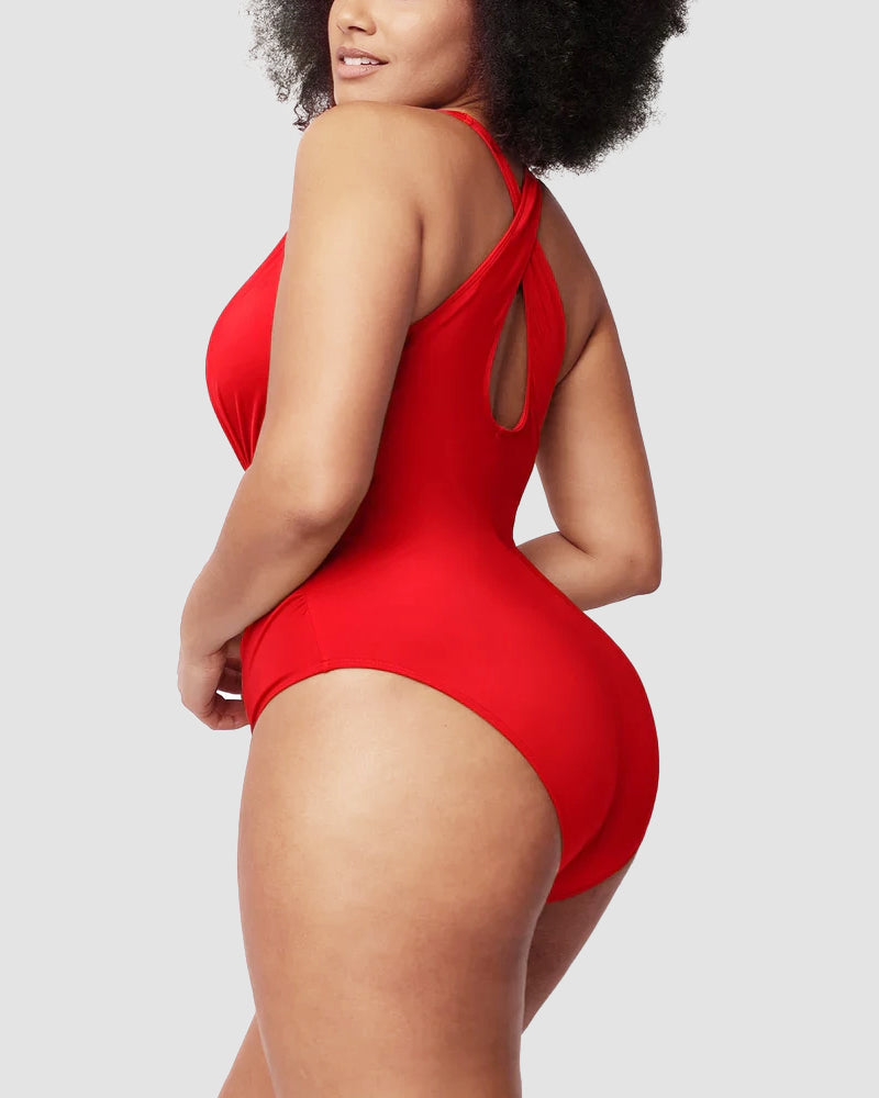 Sexy Damen Badeanzug mit Raffung, tiefem V-Ausschnitt und Shaping-Effekt