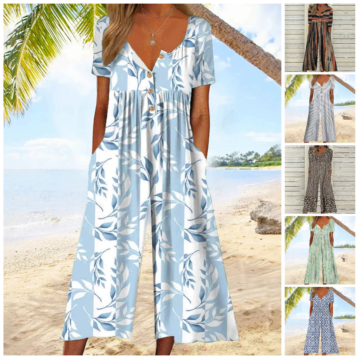 Bedruckter Jumpsuit mit V-Ausschnitt und Seitentaschen
