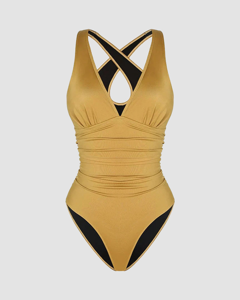 Sexy Damen Badeanzug mit Raffung, tiefem V-Ausschnitt und Shaping-Effekt