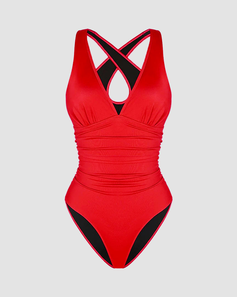 Sexy Damen Badeanzug mit Raffung, tiefem V-Ausschnitt und Shaping-Effekt