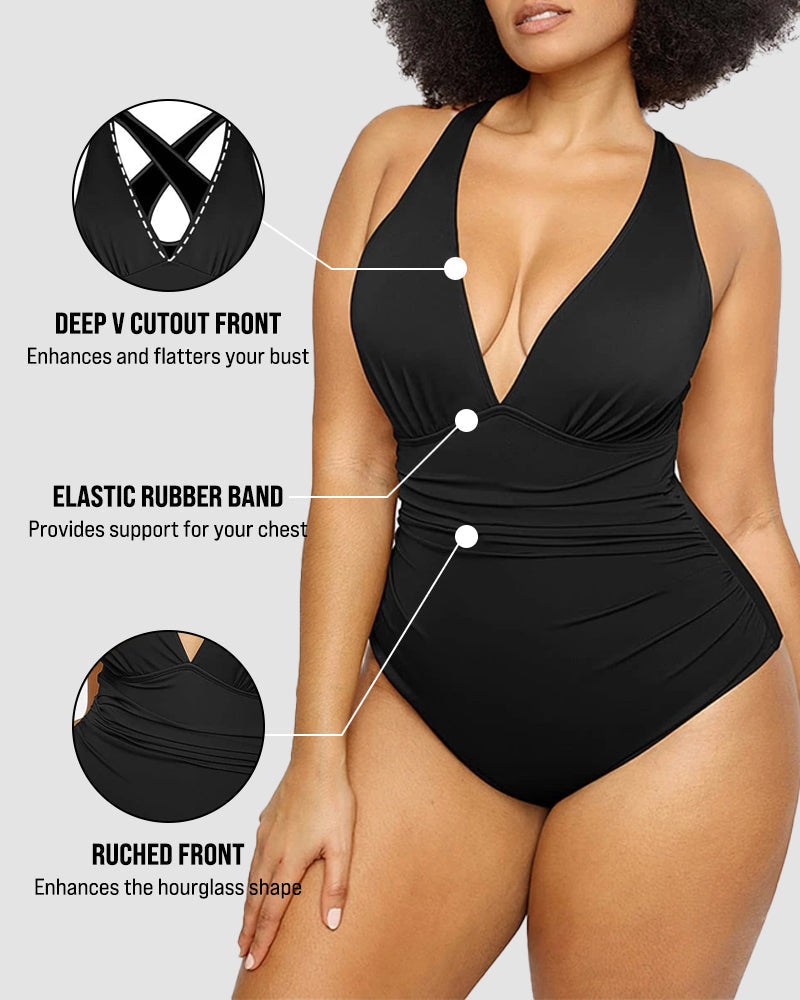 Sexy Damen Badeanzug mit Raffung, tiefem V-Ausschnitt und Shaping-Effekt