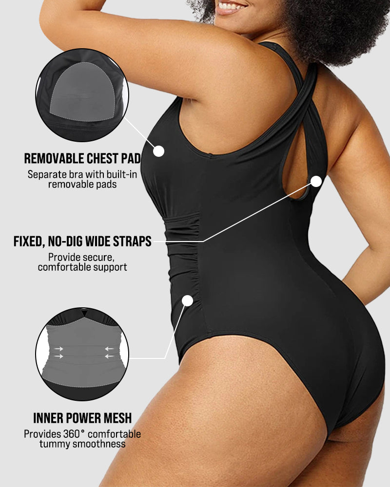 Sexy Damen Badeanzug mit Raffung, tiefem V-Ausschnitt und Shaping-Effekt