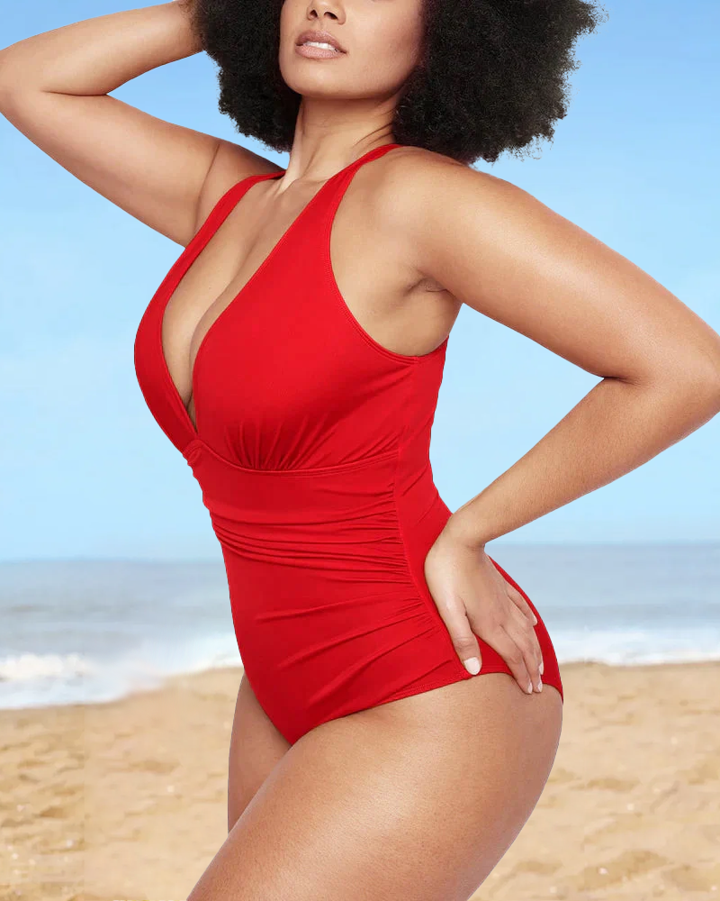 Sexy Damen Badeanzug mit Raffung, tiefem V-Ausschnitt und Shaping-Effekt
