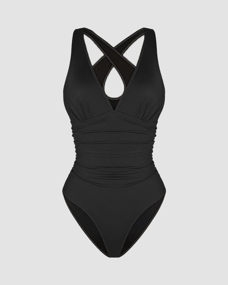Sexy Damen Badeanzug mit Raffung, tiefem V-Ausschnitt und Shaping-Effekt