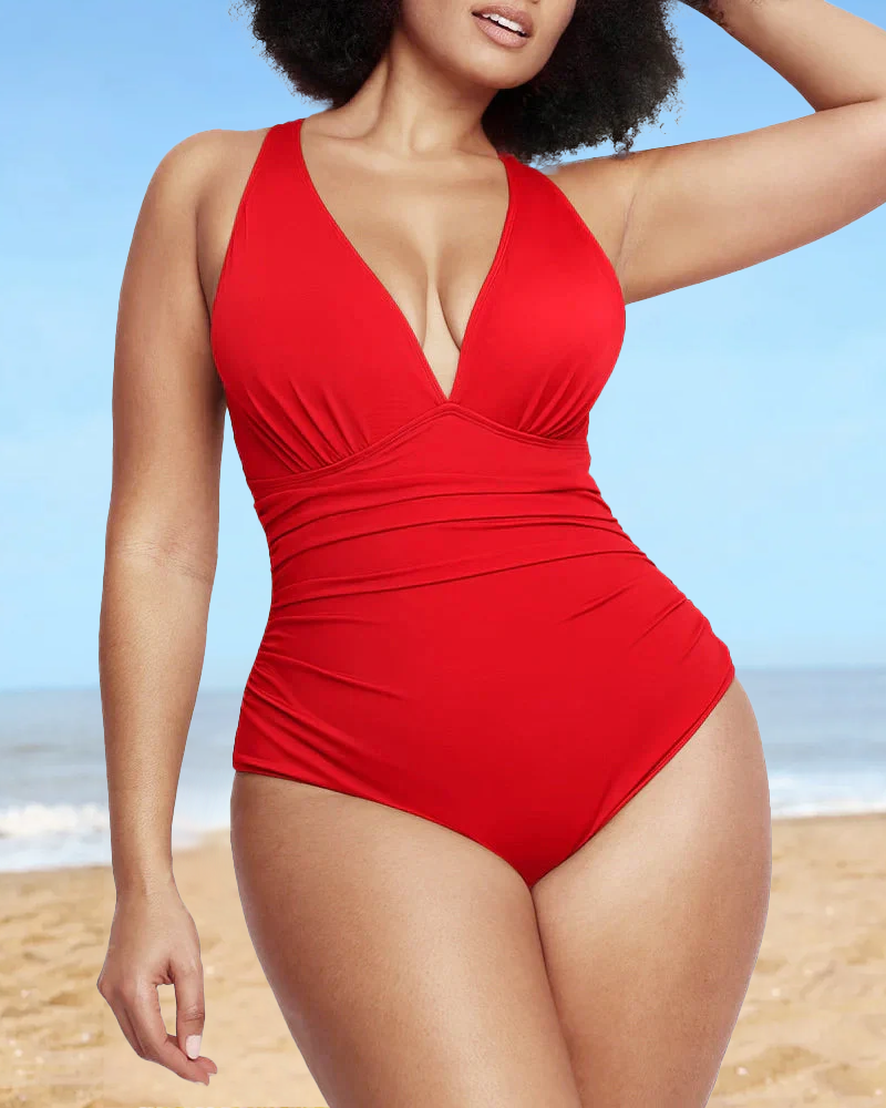 Sexy Damen Badeanzug mit Raffung, tiefem V-Ausschnitt und Shaping-Effekt