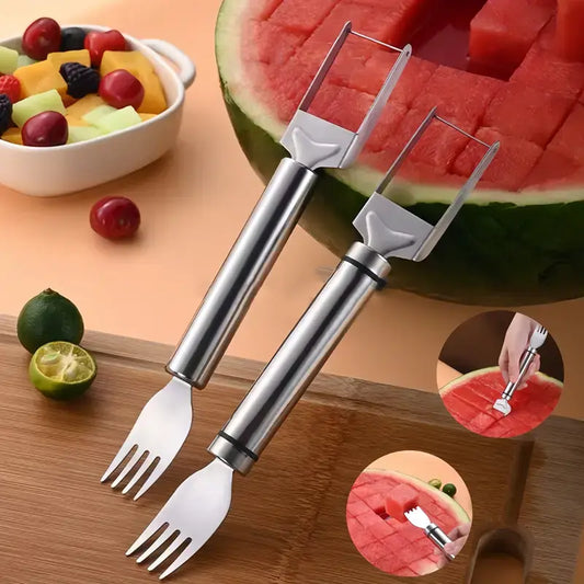 🍉2-in-1-Wassermelonenschneider und -gabel – Edelstahl, mit zwei Köpfen