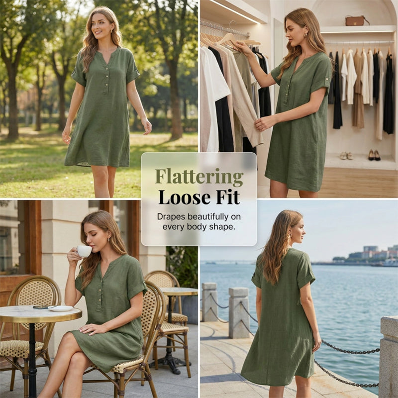 🥳Sonderangebot 2026🥳 Tunika-Kleid für Damen mit V-Ausschnitt – lockere Passform, Taschen und atmungsaktiv