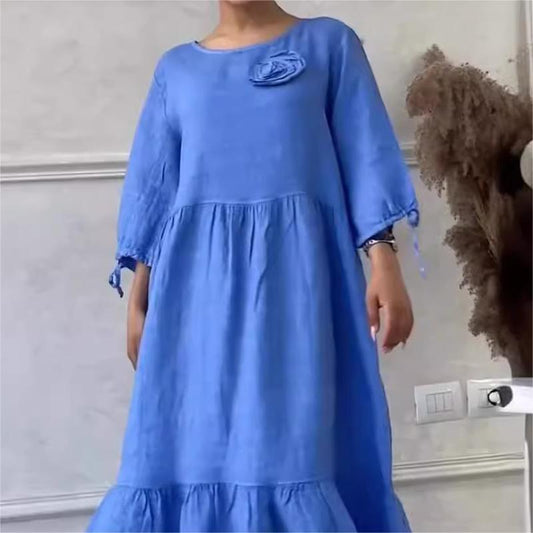 💃✨ Elegantes, einfarbiges Kleid mit Blumenmuster und Kordelzug an den Ärmeln