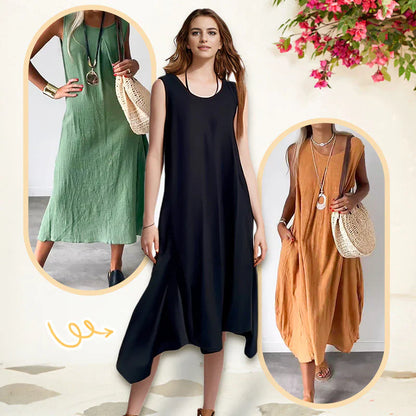 👗50% Rabatt 👍Ärmelloses Freizeitkleid aus Baumwolle und Leinen mit Tasche