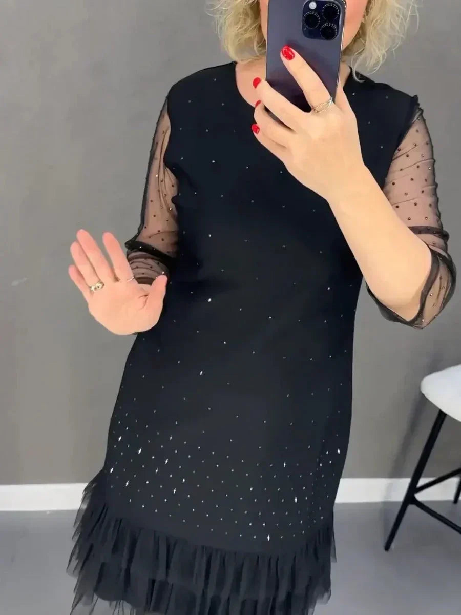 🔥Solange der Vorrat reicht 50% Rabatt!🎉Damenkleid mit Rundhalsausschnitt und einfarbigem Strass