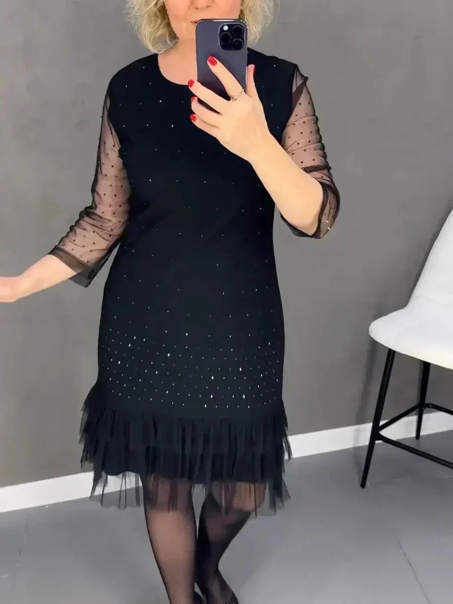 🔥Solange der Vorrat reicht 50% Rabatt!🎉Damenkleid mit Rundhalsausschnitt und einfarbigem Strass