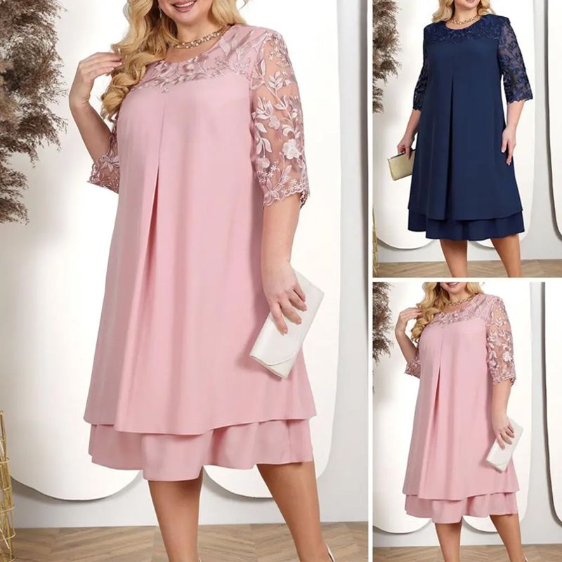 Damenkleid aus besticktem Chiffon mit Rundhalsausschnitt