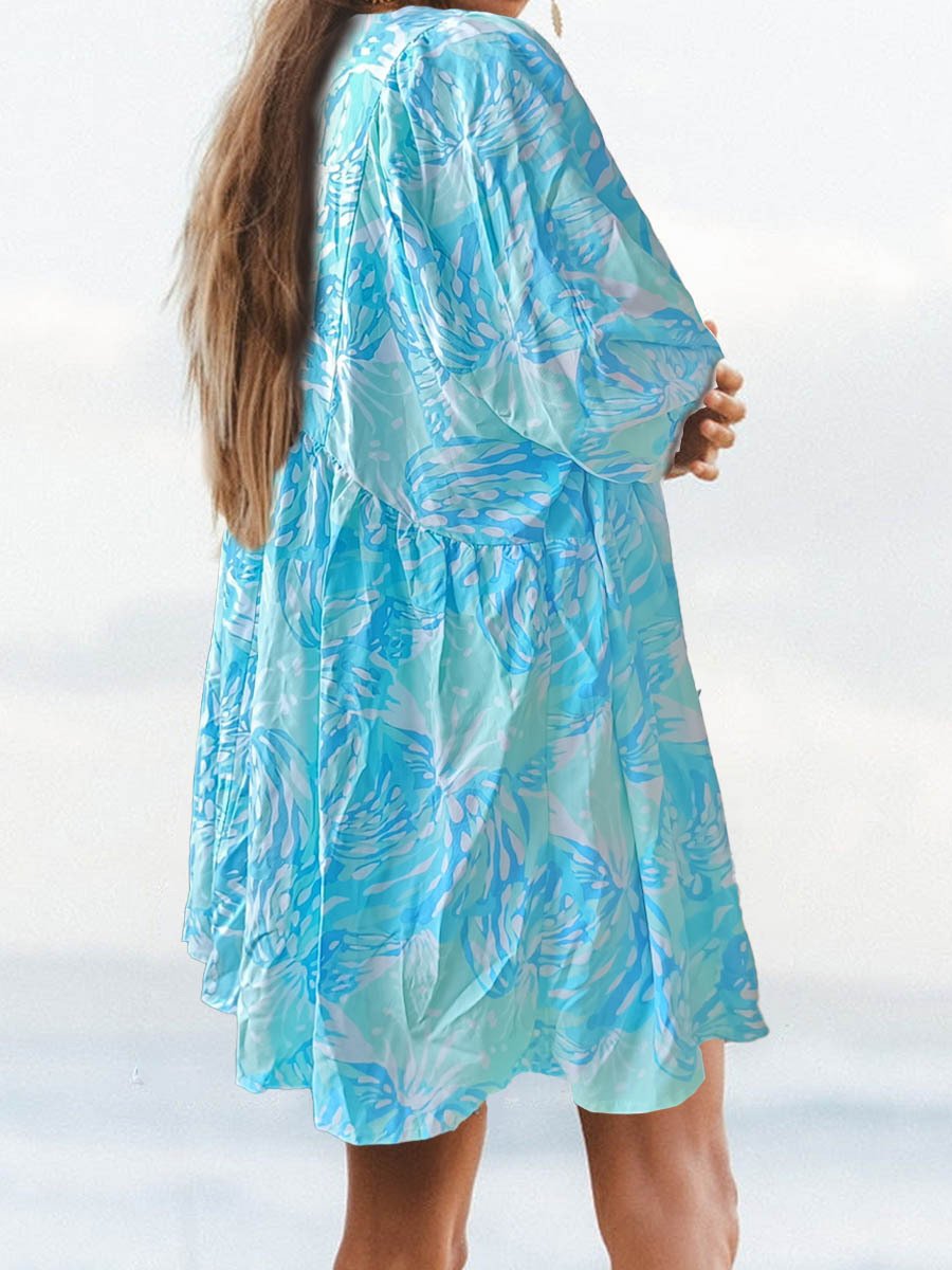 🔥HOT SALE-49% Rabatt🔥V-Ausschnitt Sommer Halbe Ärmel Floral Tunika Kurzes Kleid