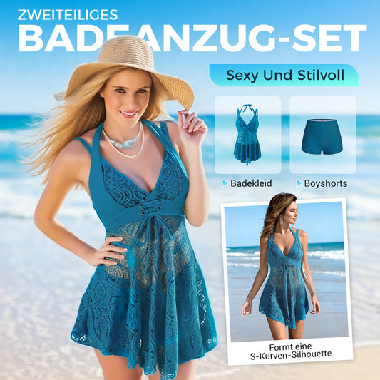 Damen-Badeanzug mit V-Ausschnitt und Spitzenbesatz und Boyshorts, zweiteilig