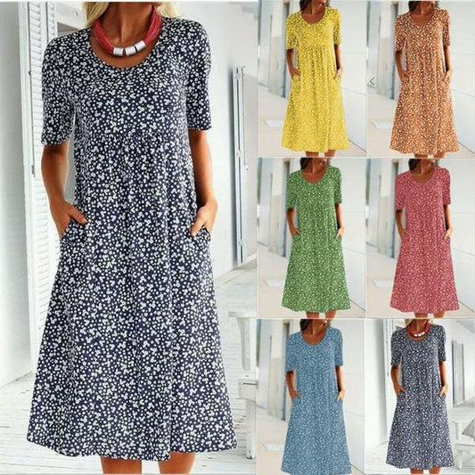 Lässiges Baumwollkleid mit U-Ausschnitt und Blumenmuster für Damen (8 Farben mit Taschen)