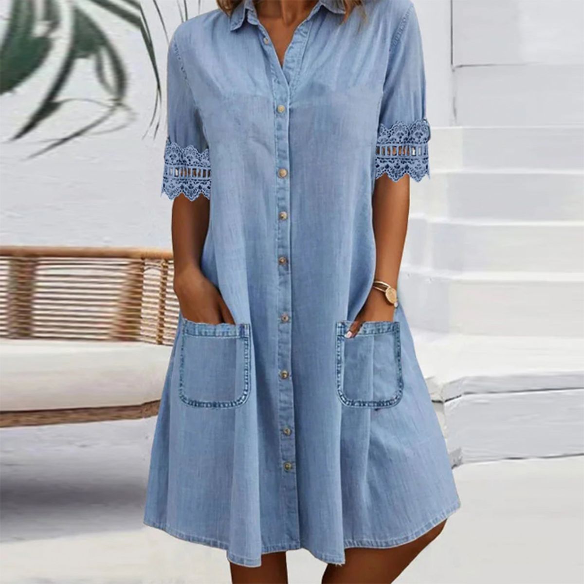 🎁Begrenzte Zeit 50 % RABATT⏳Blaues, schlichtes Minikleid aus Denim mit Kragen und Spitzenbesatz