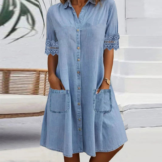 🎁Begrenzte Zeit 50 % RABATT⏳Blaues, schlichtes Minikleid aus Denim mit Kragen und Spitzenbesatz