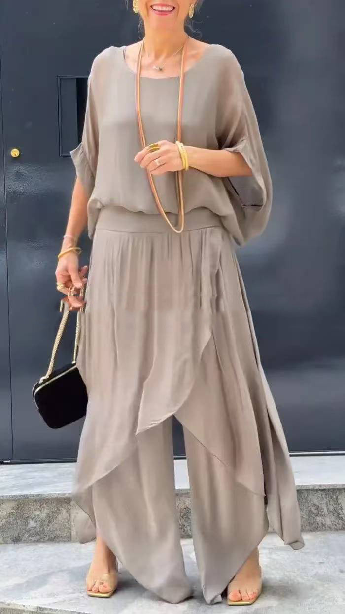 2-teiliges Set aus Chiffon mit lockerem Oberteil und weiten Schlitzhosen