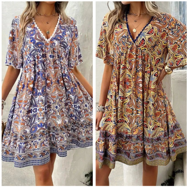 👗Minikleid mit Blumenmuster und V-Ausschnitt und kurzen Ärmeln für Damen