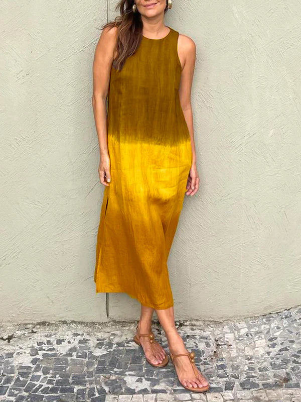 💃Lässiges langes Kleid aus Baumwolle und Leinen, ärmellos, mit Schlitz und Farbverlauf