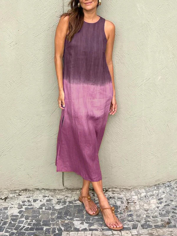 💃Lässiges langes Kleid aus Baumwolle und Leinen, ärmellos, mit Schlitz und Farbverlauf