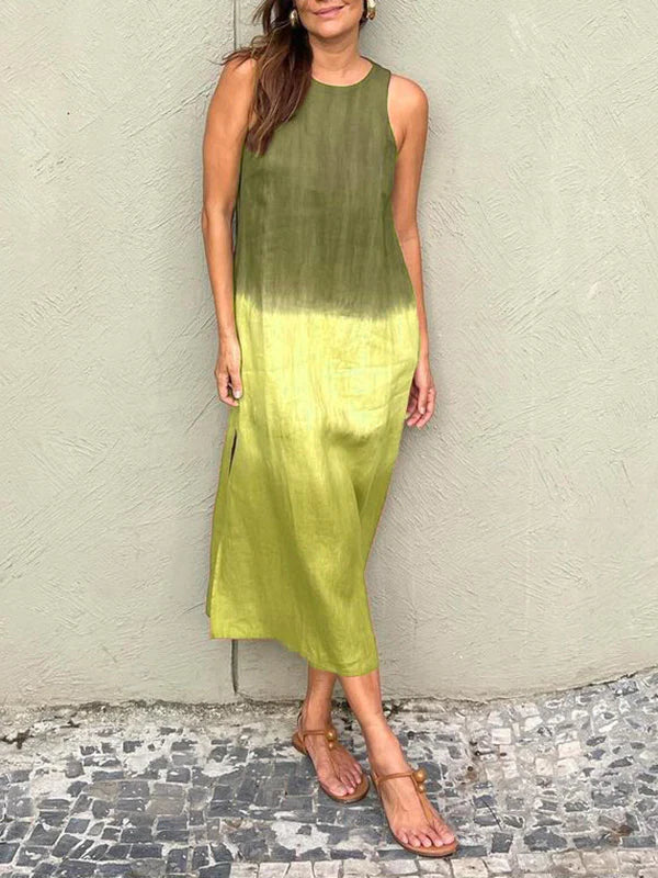 💃Lässiges langes Kleid aus Baumwolle und Leinen, ärmellos, mit Schlitz und Farbverlauf