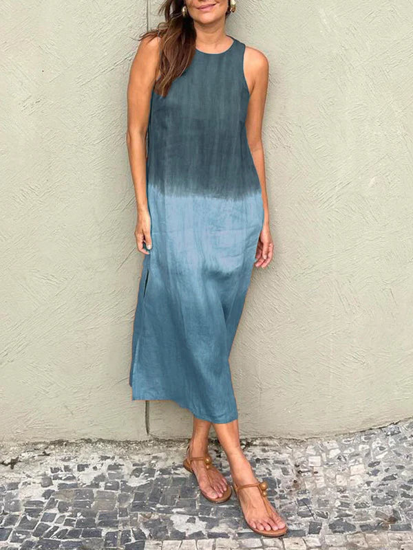 💃Lässiges langes Kleid aus Baumwolle und Leinen, ärmellos, mit Schlitz und Farbverlauf