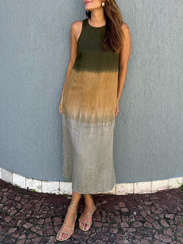 💃Lässiges langes Kleid aus Baumwolle und Leinen, ärmellos, mit Schlitz und Farbverlauf