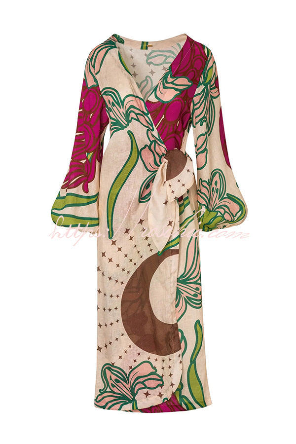 💃 Elegantes Maxi-Kleid aus Leinenmischung mit einzigartigem Print & Ballonärmeln