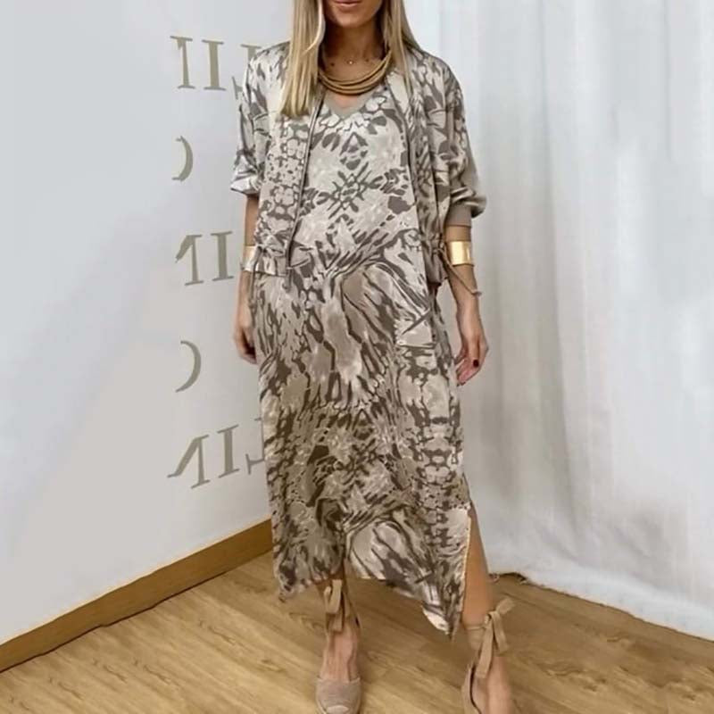 Modisches, lässiges, bedrucktes Kleid für Damen, zweiteiliges Set