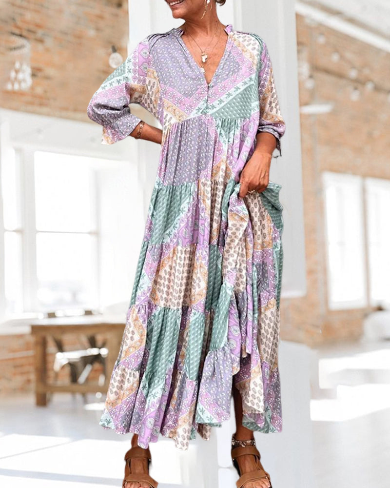 🔥Kleid mit Farbblock-Print und 3/4-Ärmeln