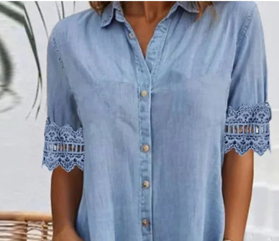 🎁Begrenzte Zeit 50 % RABATT⏳Blaues, schlichtes Minikleid aus Denim mit Kragen und Spitzenbesatz