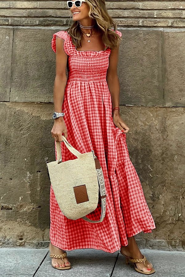🌸Singing Solo – Mehrfarbiges Maxikleid mit gesmokten Büsten und Karomuster