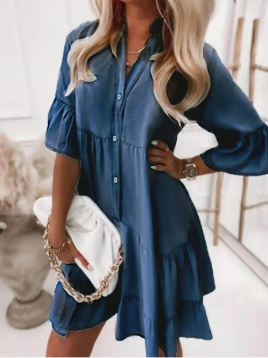 👗Sommerkleid mit Rüschenbesatz und V-Ausschnitt – Leichter Denim-Look